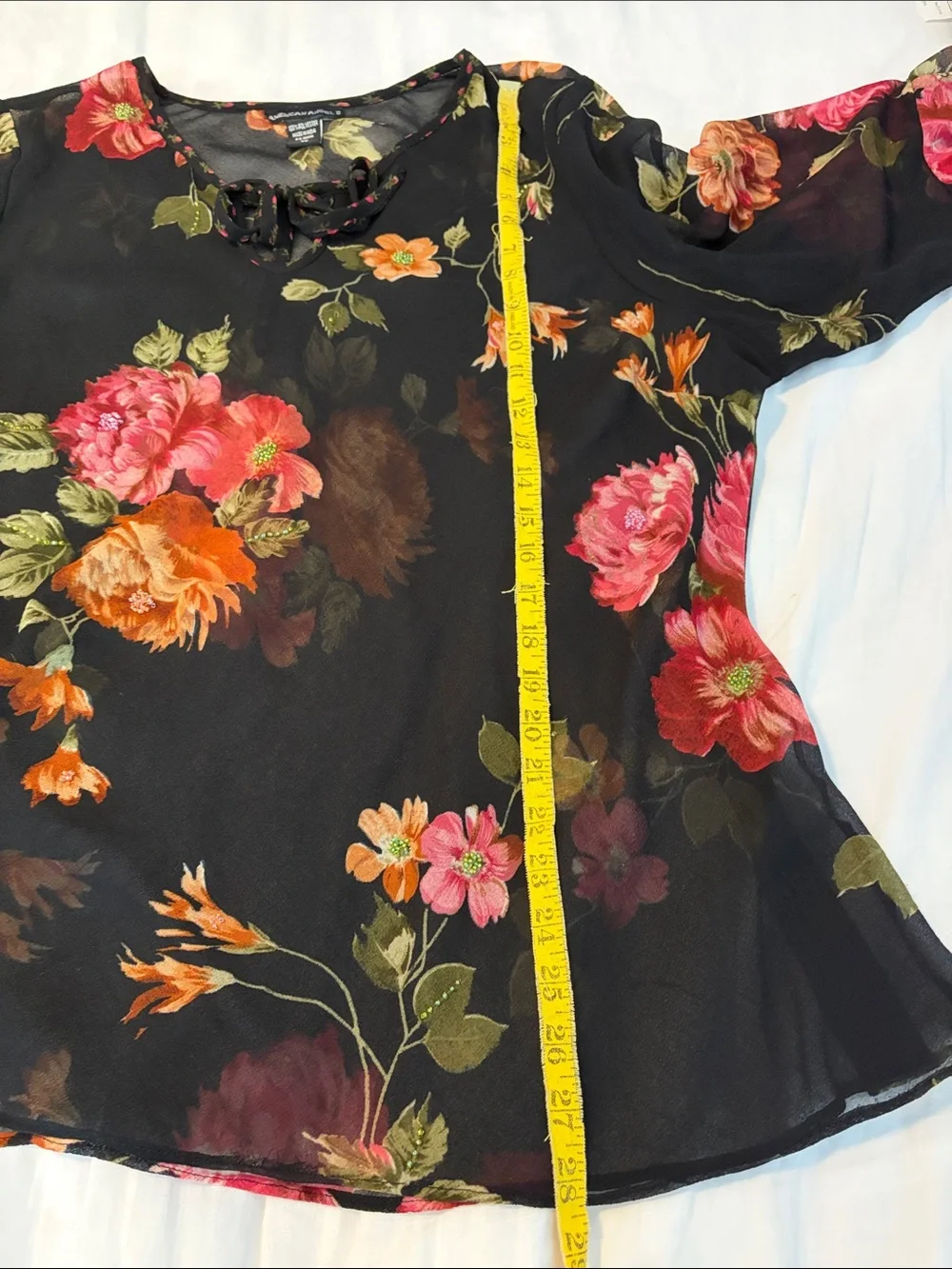 Sheer Black Floral Tie-Neck Blouse with Flowing Sleeves - Picture 4 of 8